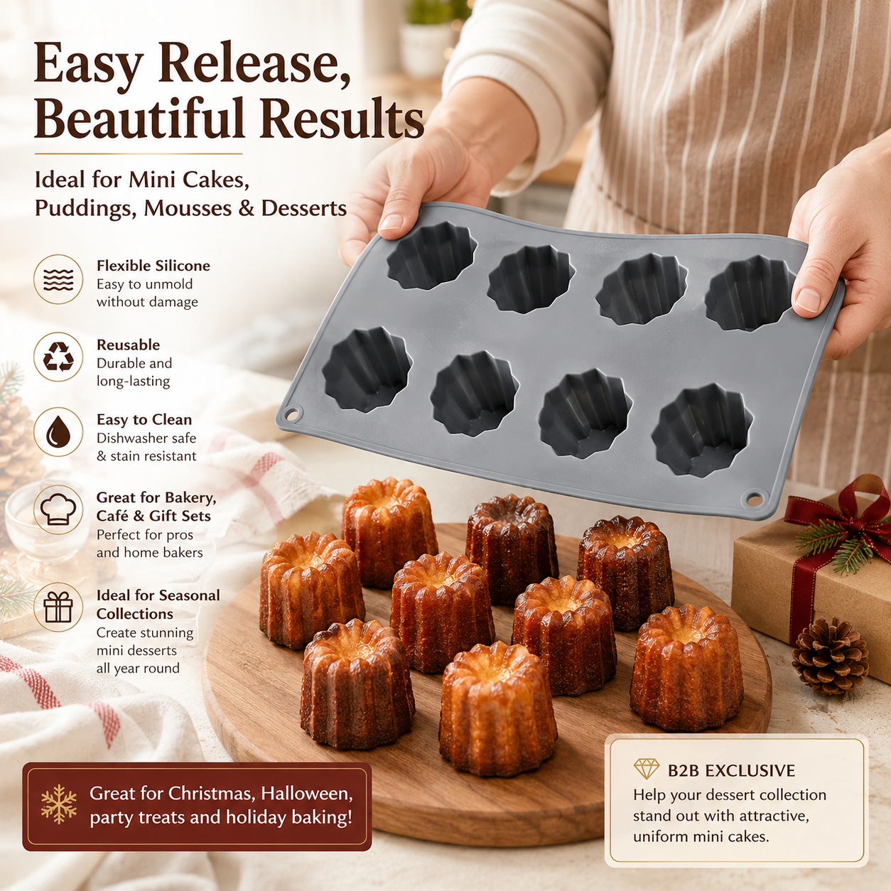 8-Cavity Fluted Silicone Canele Cake Mold