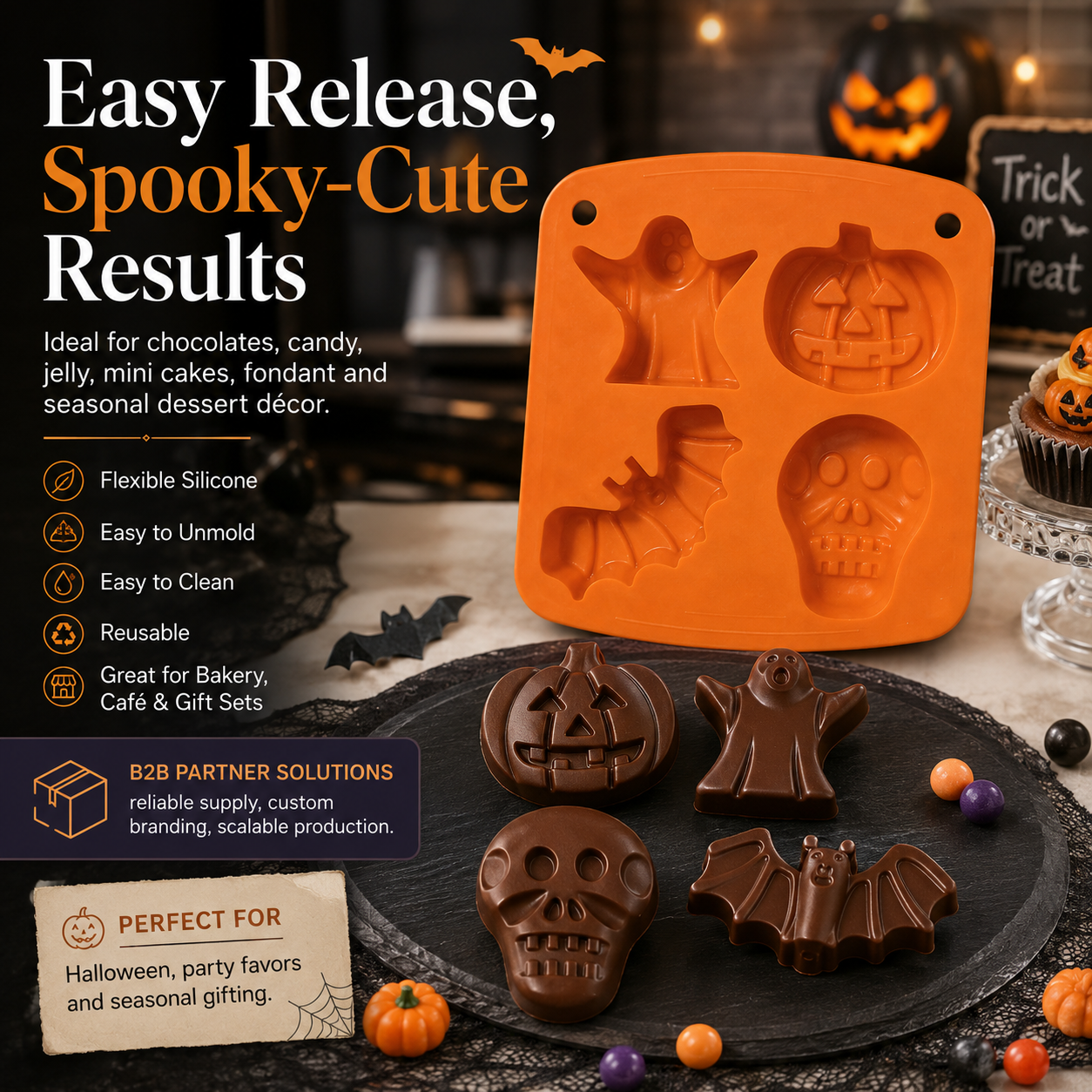 4-Cavity Halloween Silicone Chocolate Mold