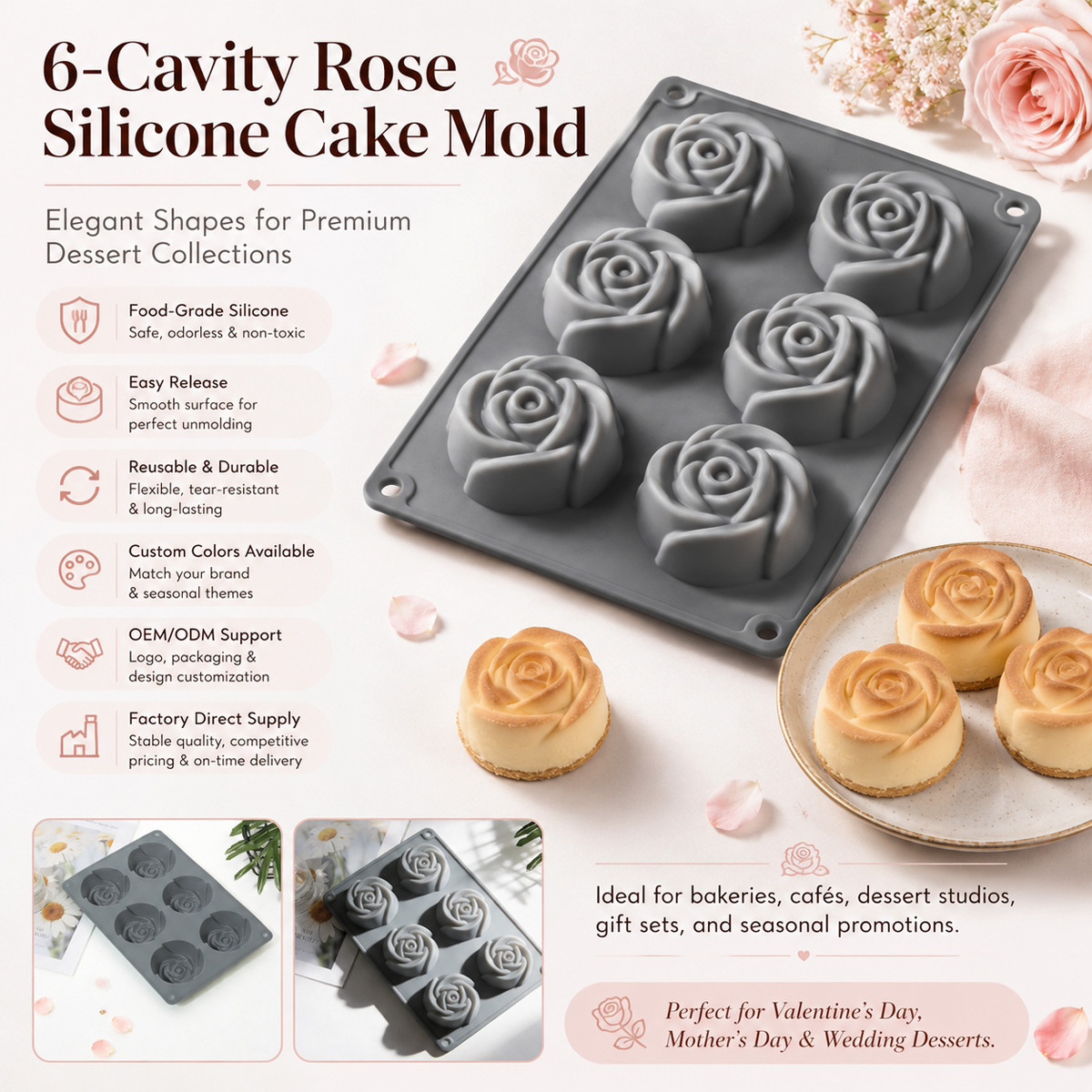 6-Cavity Rose Silicone Cake Mold