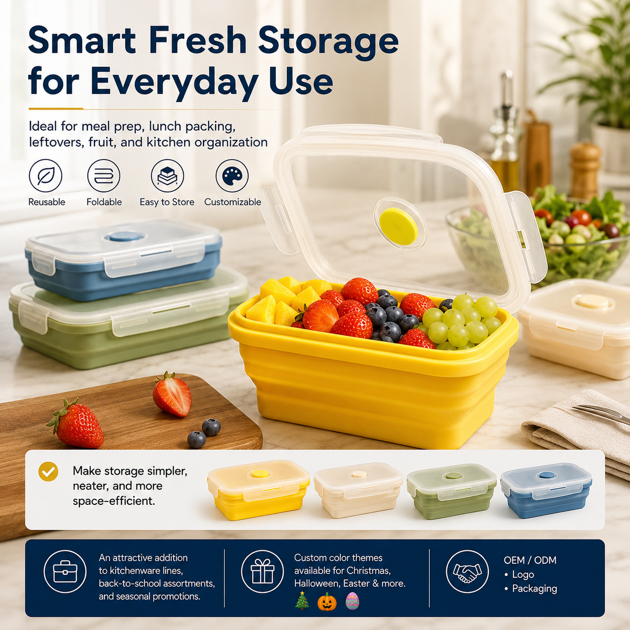 Foldable Silicone Food Storage Bowl | Collapsible Reusable Kitchen Container for Meal Prep & Storage