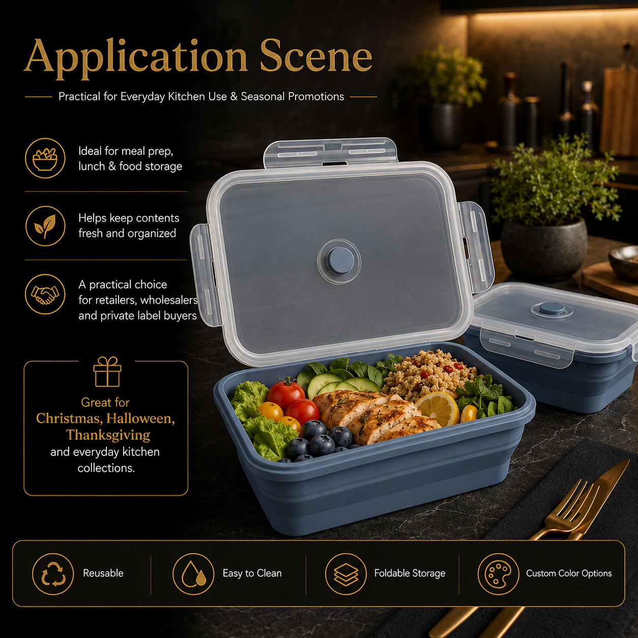 Foldable Silicone Food Storage Container | Collapsible Reusable Lunch Box for Kitchen Storage & Meal Prep
