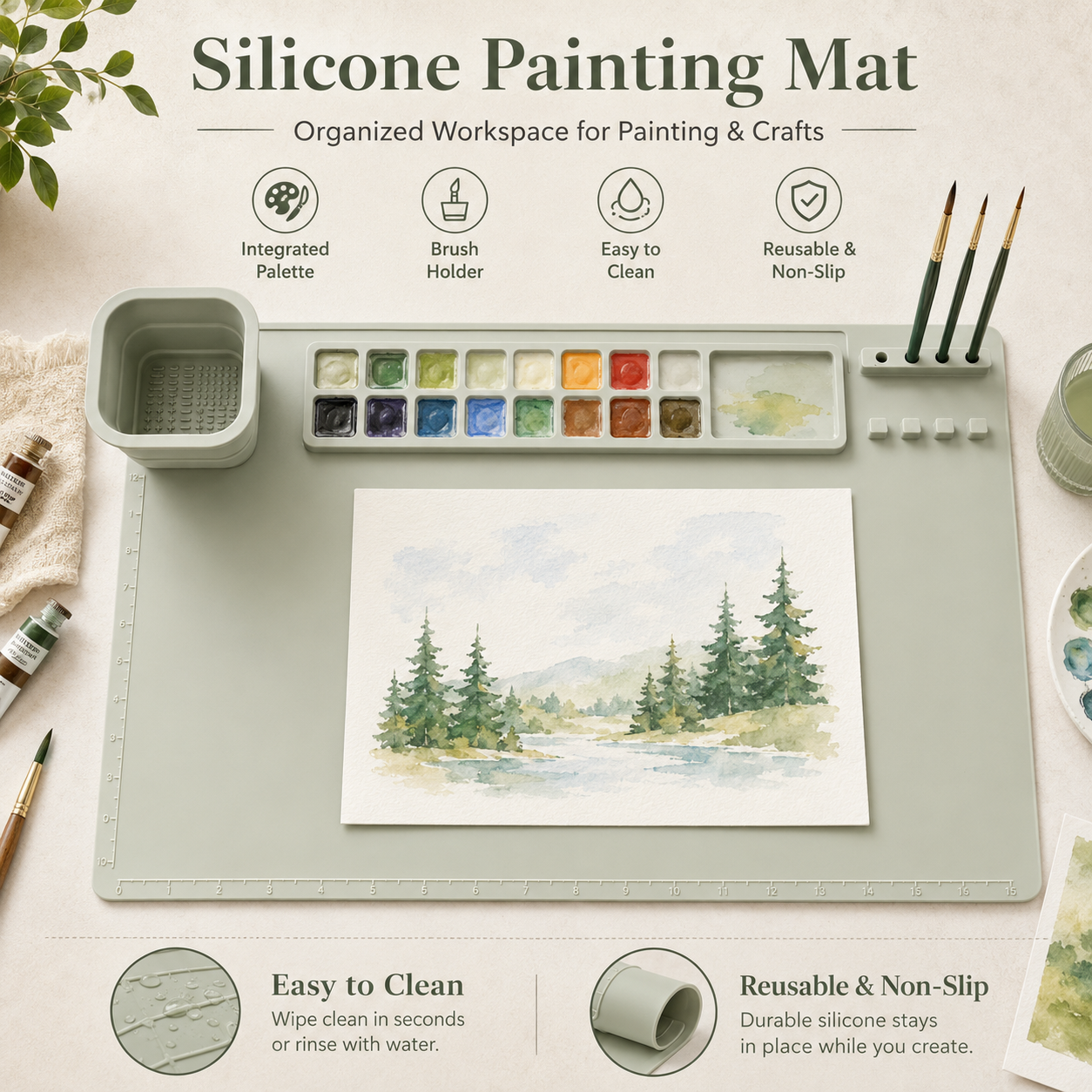 Silicone Painting Mat with Palette & Brush Holder