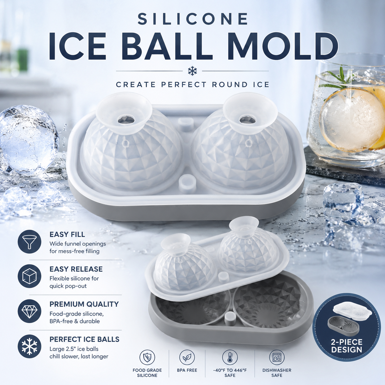2-Cavity Silicone Ice Ball Mold