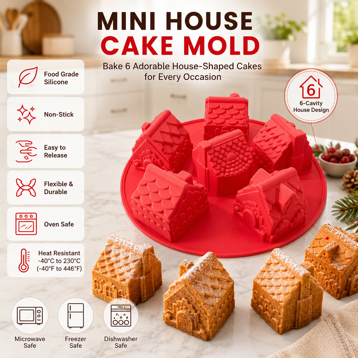 6-Cavity Mini House Silicone Cake Mold