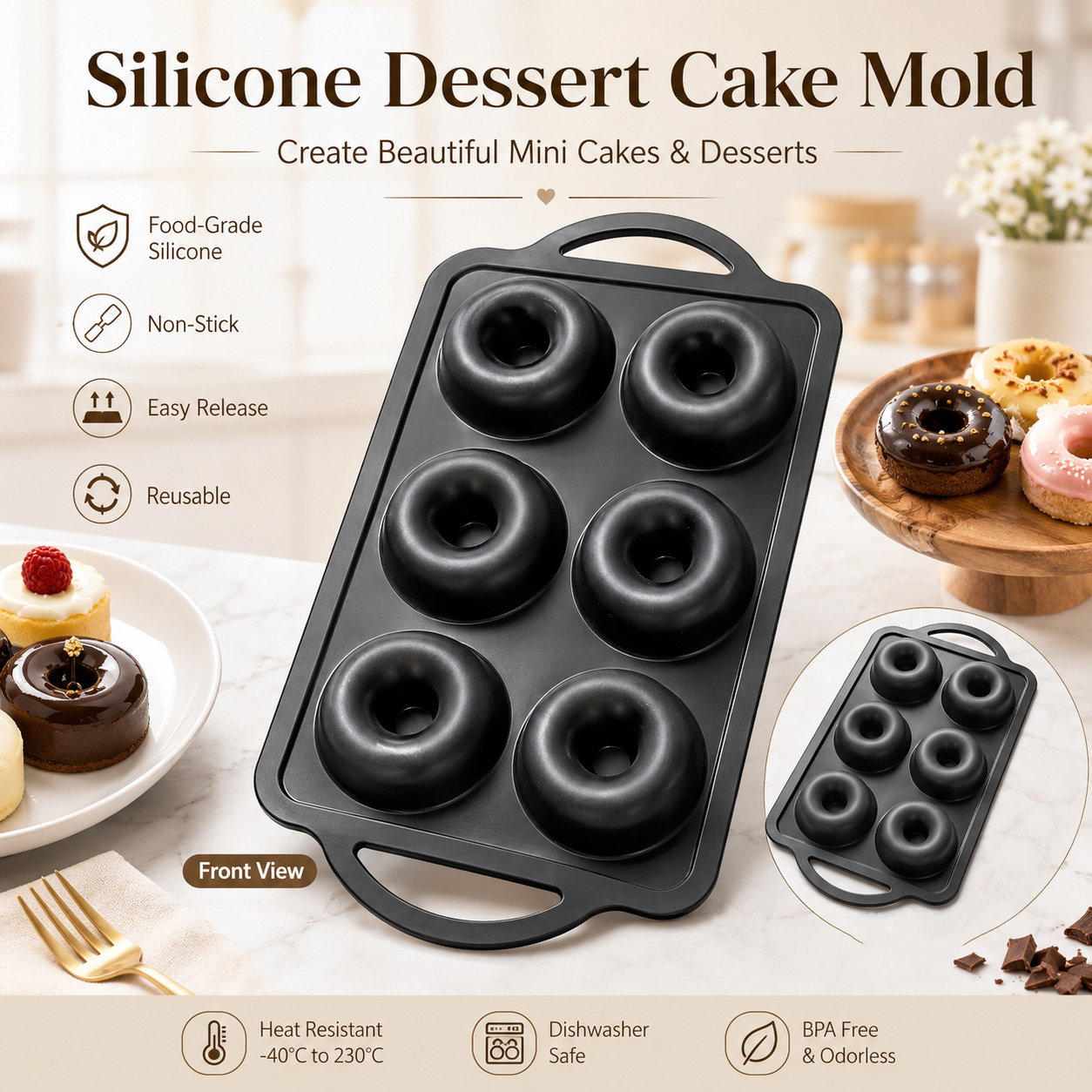 6-Cavity Silicone Donut Cake Mold with Metal Support
