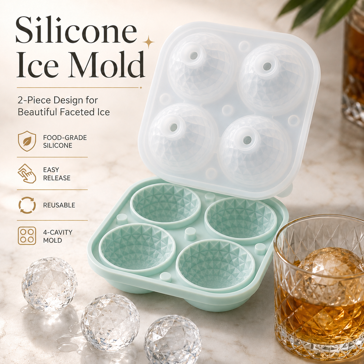 4-Cavity Faceted Sphere Silicone Ice Mold