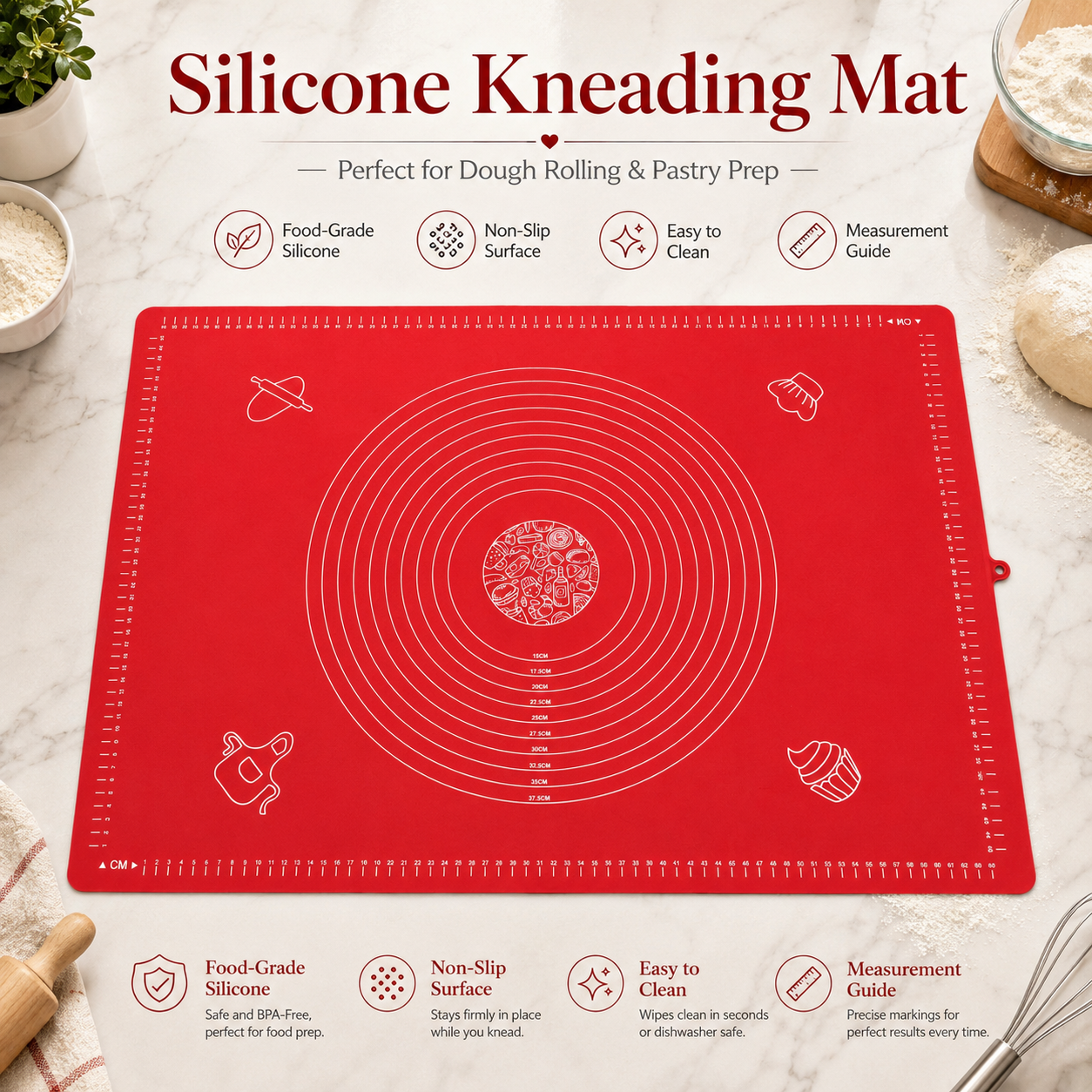 Silicone Dough Kneading Mat with Measurement Guide