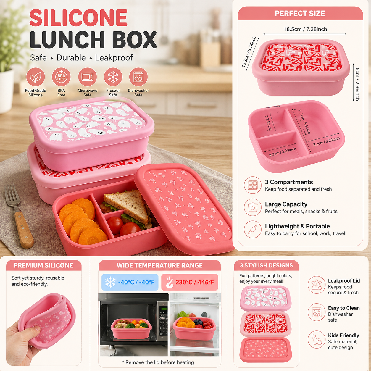 3-Compartment Silicone Lunch Box