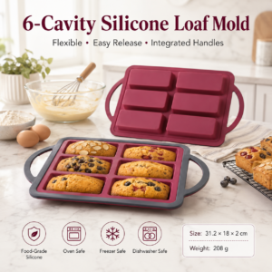 6-cavity silicone loaf cake mold with handles