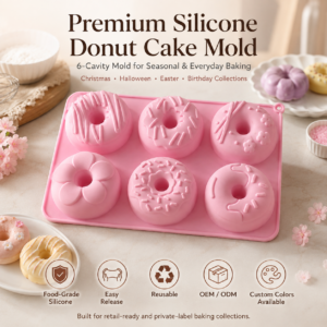 6-cavity silicone donut mold with decorative patterns