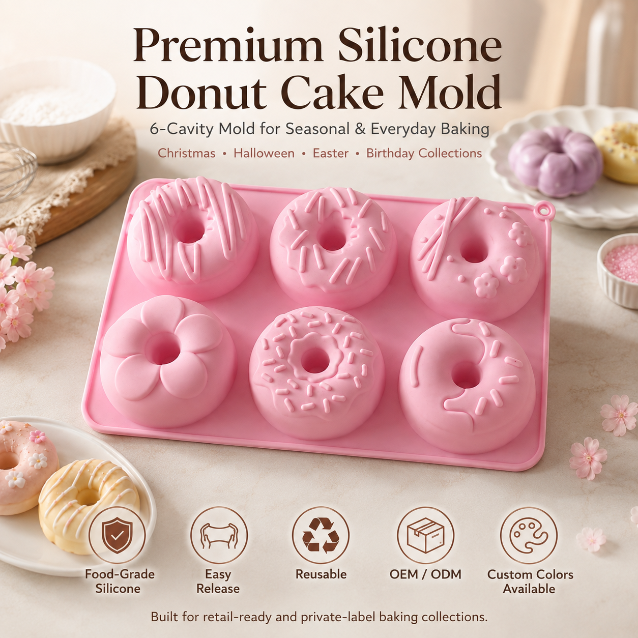 6-cavity silicone donut mold with decorative patterns