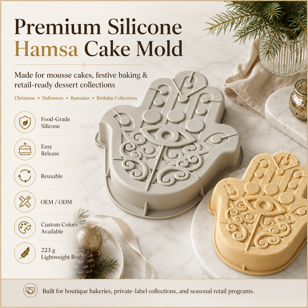 Hamsa hand silicone cake mold with ornamental design