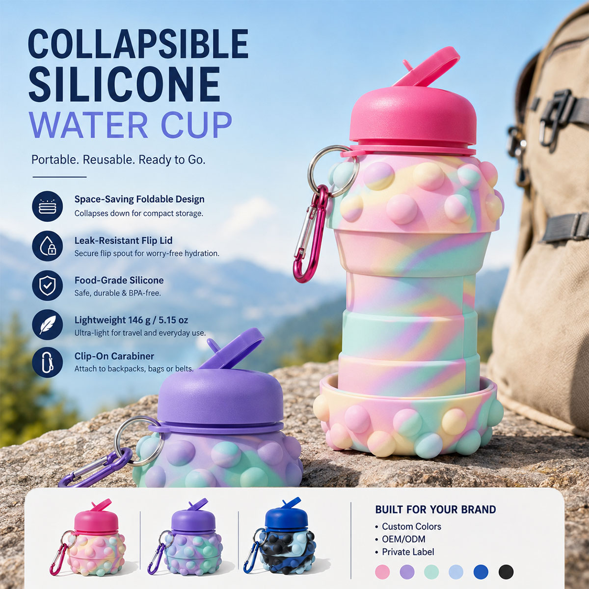 collapsible silicone water bottle with carabiner