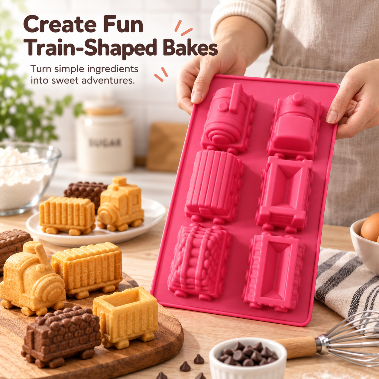 silicone train cake mold with baked train-shaped cakes