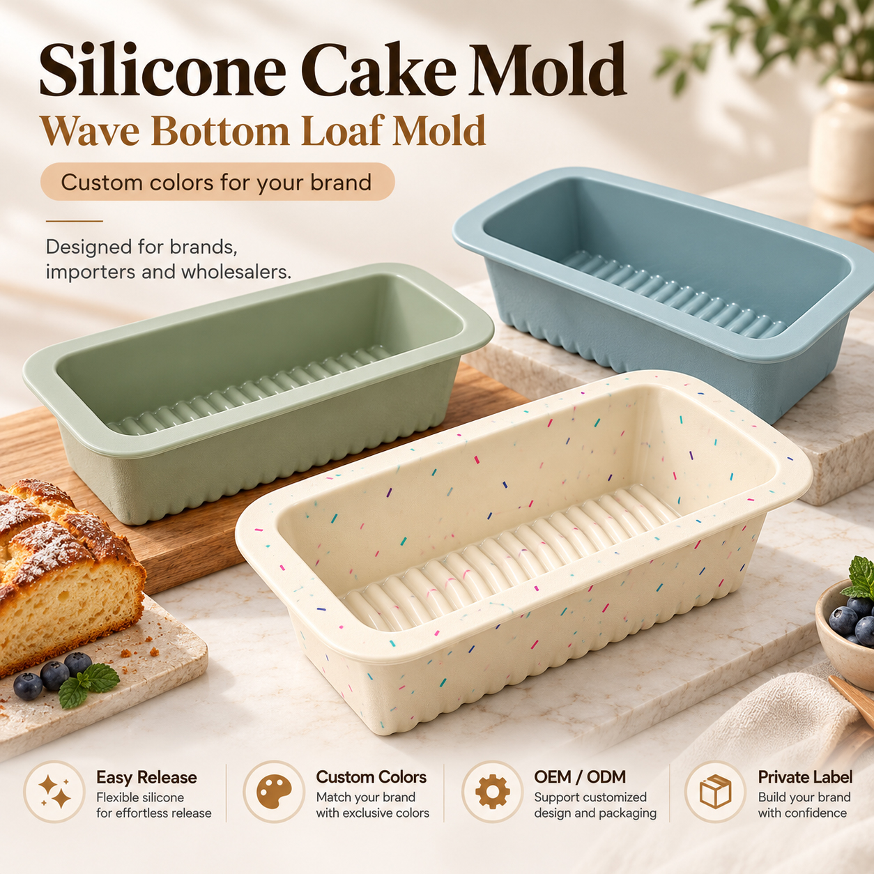 silicone loaf cake mold with wavy base in custom colors