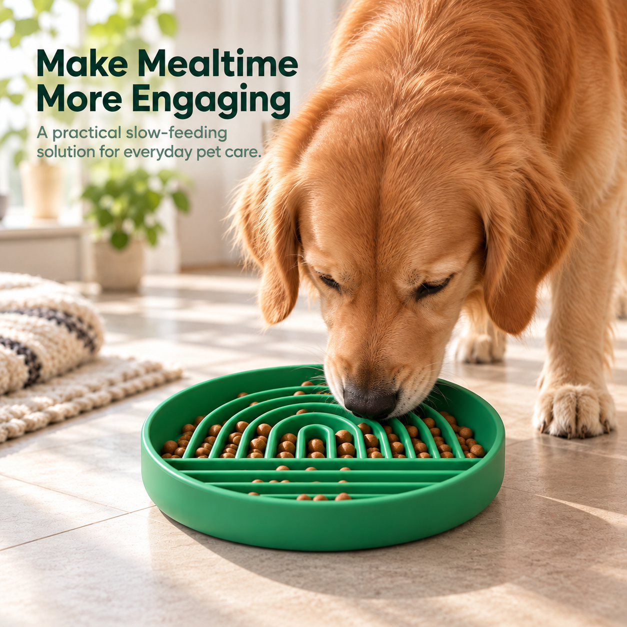 dog eating kibble from green silicone slow feeder bowl