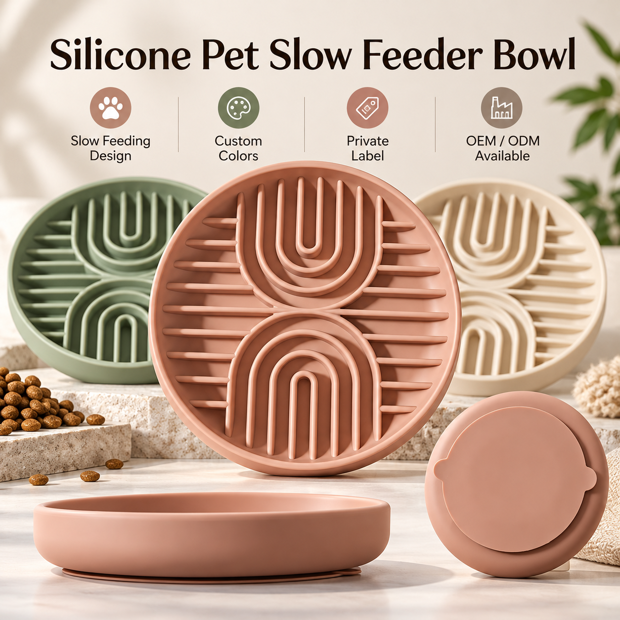 silicone pet slow feeder bowl with dual U-shaped maze ridges