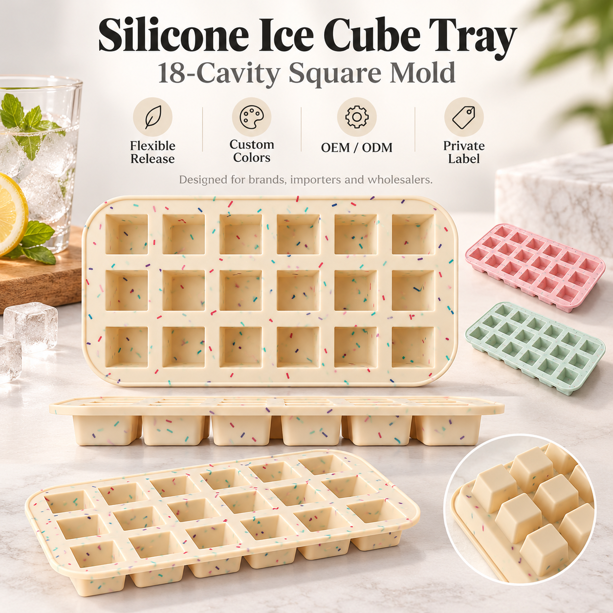 silicone ice cube tray with 18 square cavities and released cubes