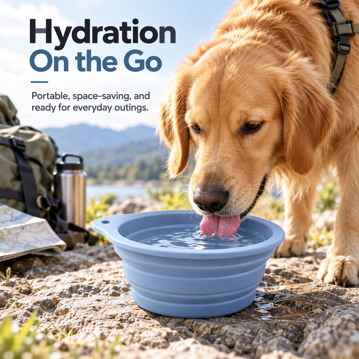 collapsible silicone pet water bowl used by dog outdoors