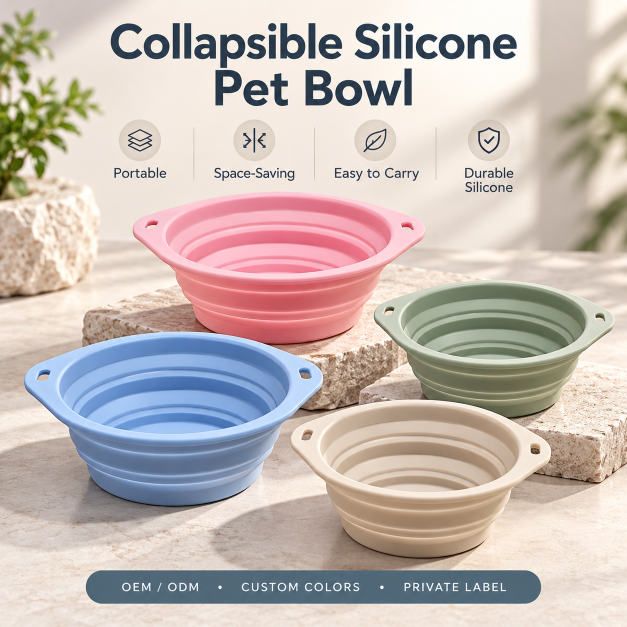 collapsible silicone pet bowl with dual hanging tabs in assorted colors