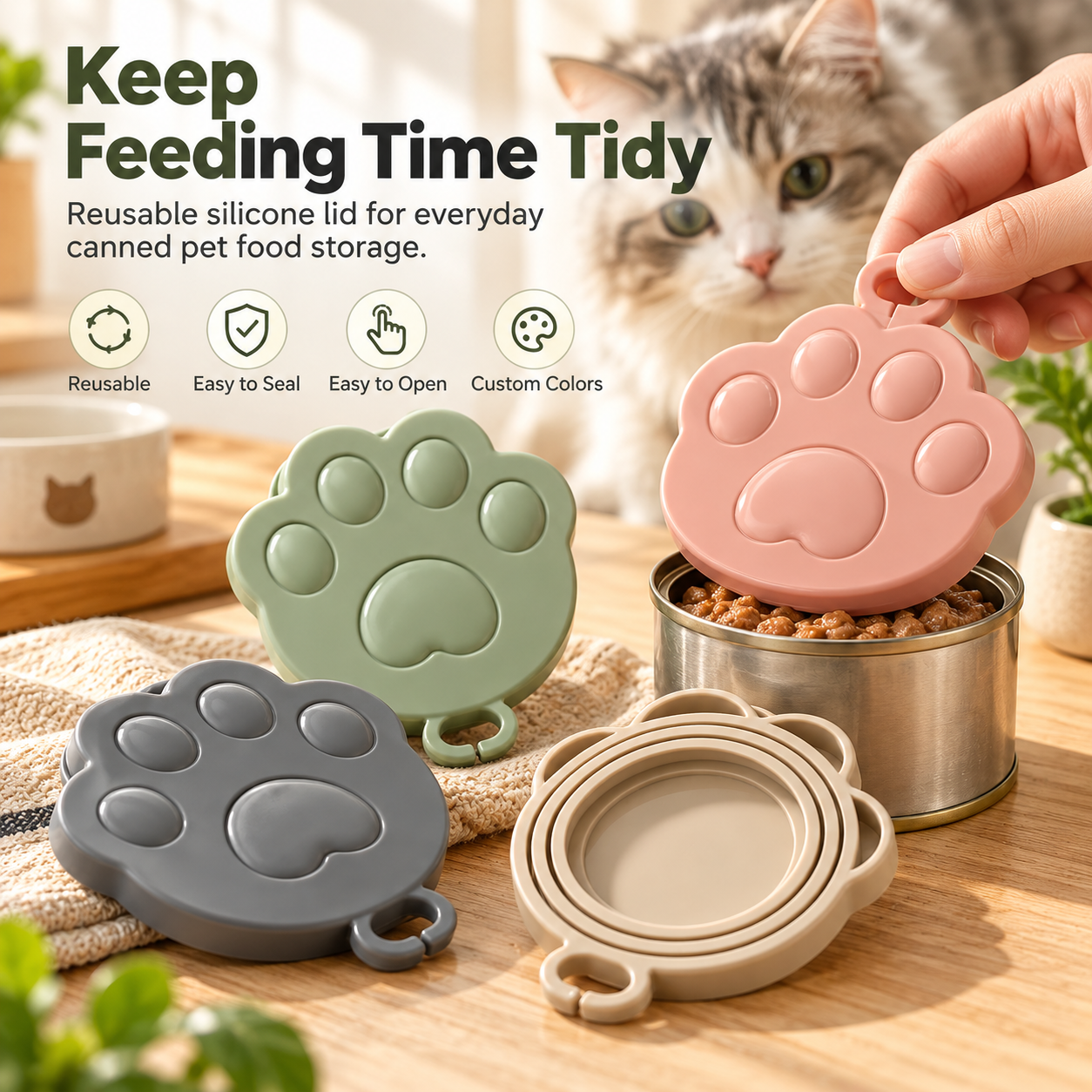 silicone cat food can lid with paw-shaped design and pull loop