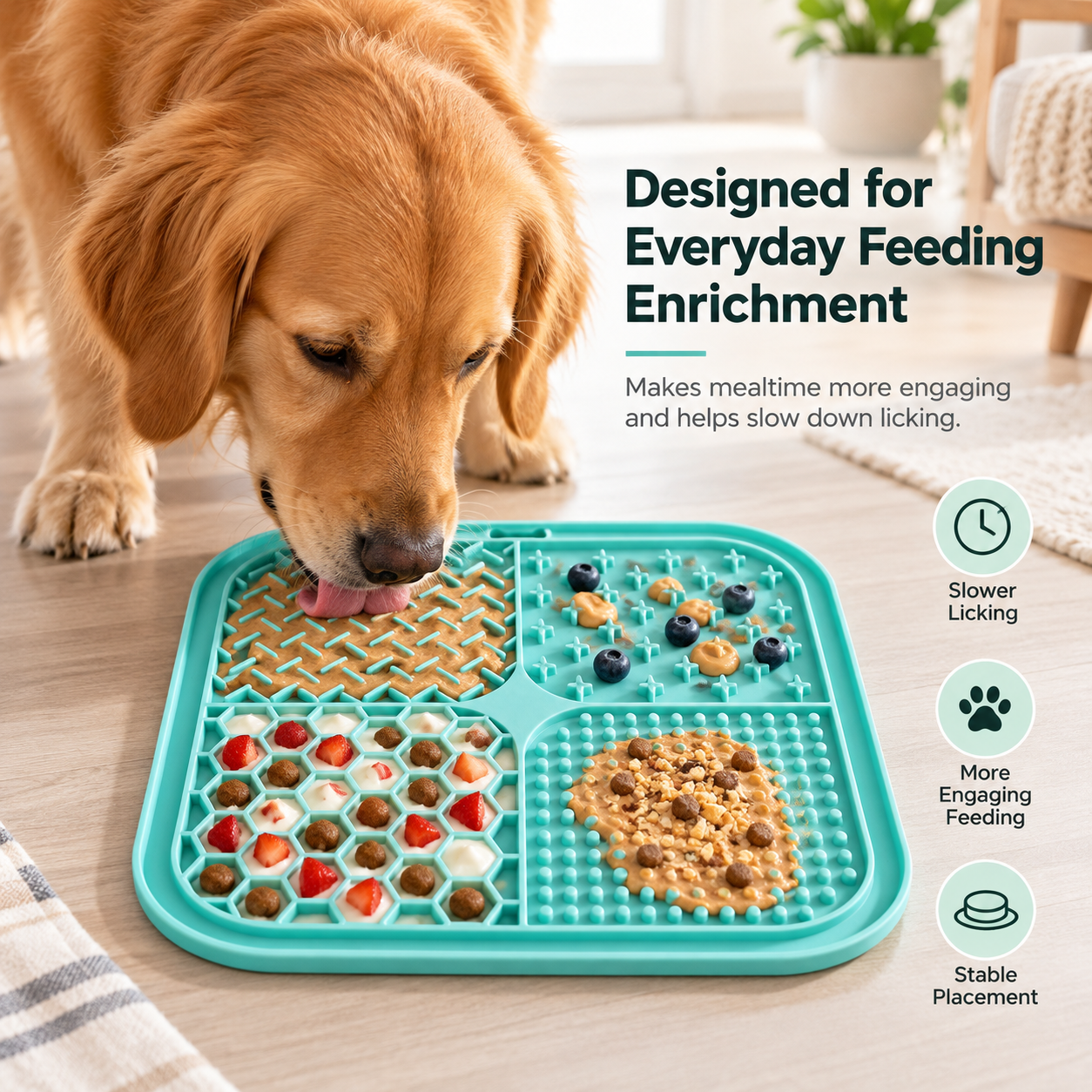 silicone pet slow feeder mat with four textures and dog licking food