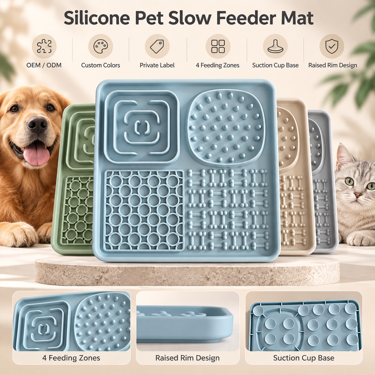 silicone pet slow feeder mat with four raised feeding zones